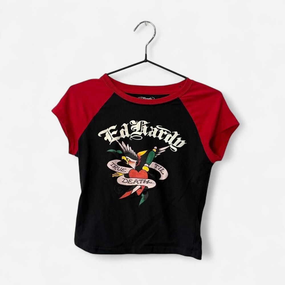 Ed Hardy cropped baby tee with red sleeves and black Small Biker Grunge Goth